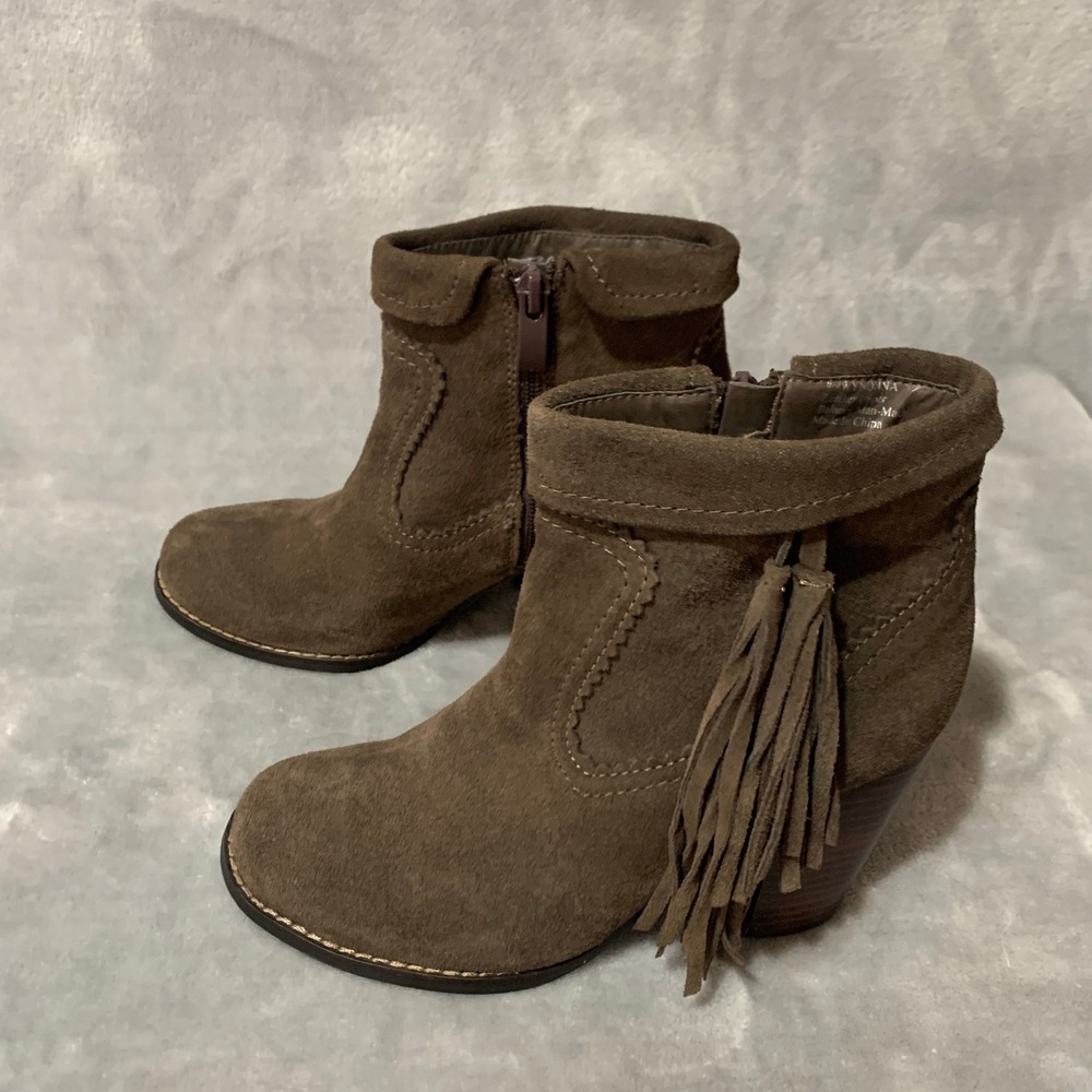 Sbicca Women's Ankle Boots Size 6 Olive Brown Suede Fringe Block Heel